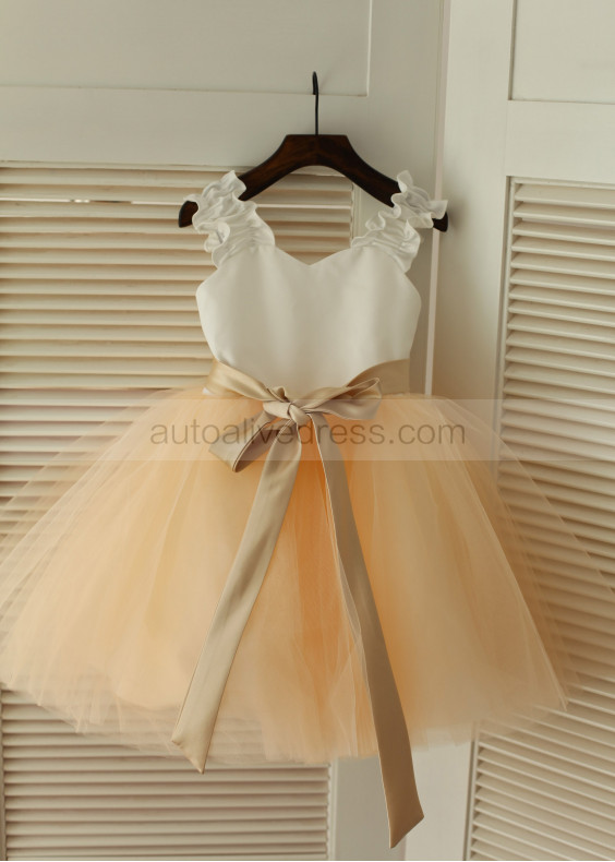 Ivory Satin Champagne Tulle Ruffle Straps Flower Girl Dress